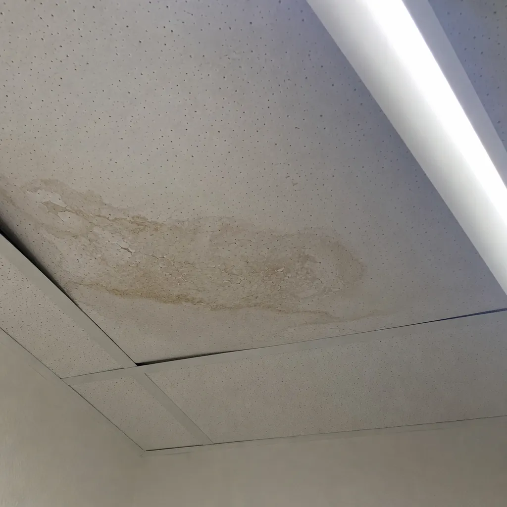 Tache d'humidité sur un faux-plafond de bureau, dégât des eaux